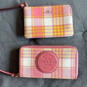 Coach Pink/Yellow Plaid Wristlet and Wallet